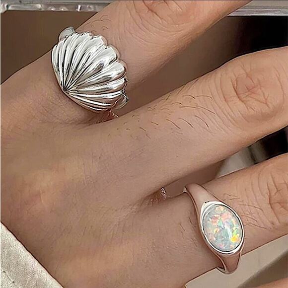 Sterling Silver Shell Opal Ring Set, Minimalist - Picture 6 of 6